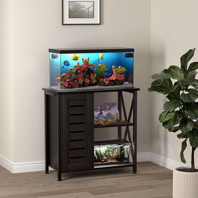 Herture 20-29 Gallon Fish Tank Stand, Aquarium Stand with Cabinet Accessories Storage, Heavy Duty Metal Frame, 31.49" L*15.74" W Tabletop, 330LBS Capacity, Black PG07YGB