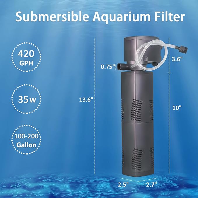 TEPU Fish Tank Filter for 100-200 Gallon, Small Pond Filter 420GPH, 4 in 1 Large Aquarium Filter and Powerful Water Pump, Fish Tank Pond Oxygen Supply and Wave Maker
