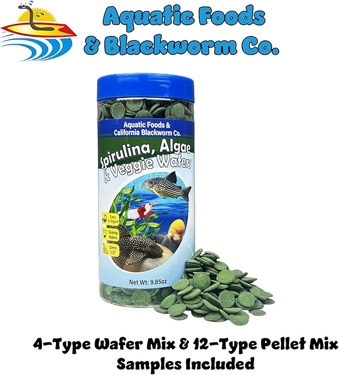 12mm - 1/2" Small Sinking Wafers of Spirulina, Algae & Veggies for Plecos, Catfish, Shrimp, Snails, Crayfish, 12-Type Pellet Mix & 4-Type Wafer Mix Included 9.85oz Canister
