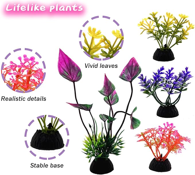 SLOCME 25 PCS Aquarium Plants & Rock Cave Decorations Set – Colorful Fish Tank Plastic Plants Ornaments with Resin Rock Hideout, Realistic Aquarium Decor Accessories for Freshwater & Saltwater Tanks