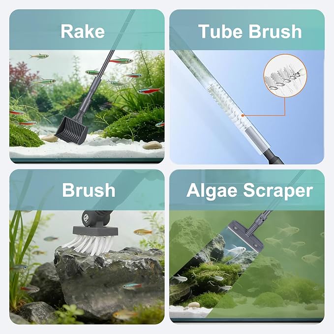Carefree Fish 6IN1+1 (2026 New Upgrade Edition) Aquarium Cleaning Tools Long Handle Adjustable Length 20~36Inches Fish Tank Cleaner Kit Algae Scraper Scrubber Brushes Set