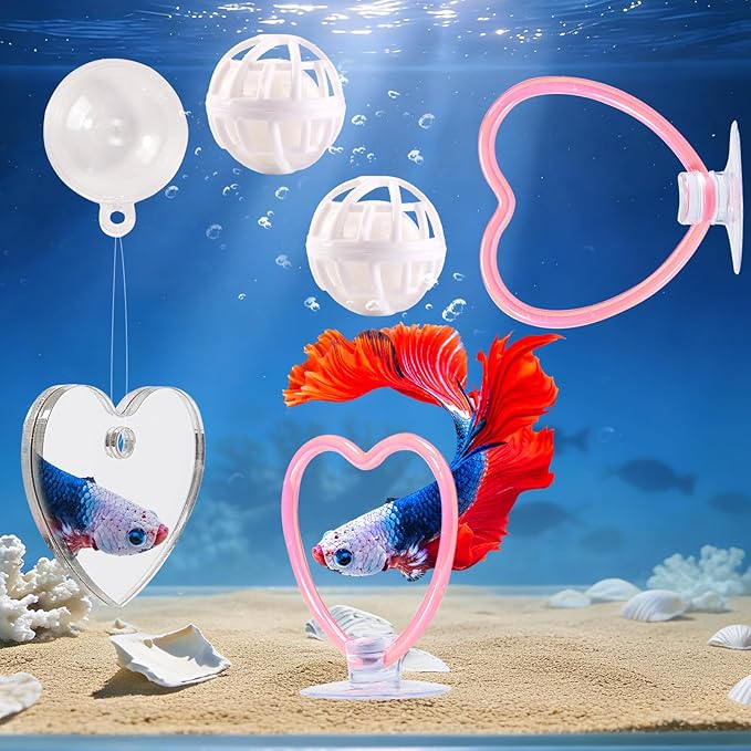 Betta Fish Toys, 2 PCS Heart Fish Exercise Ring and Nitrifying Balls Set, Heart Betta Mirror Toy Set, Feeding Ring with Suction Cup, Fishing Tank Accessories for Gifts (Pink)