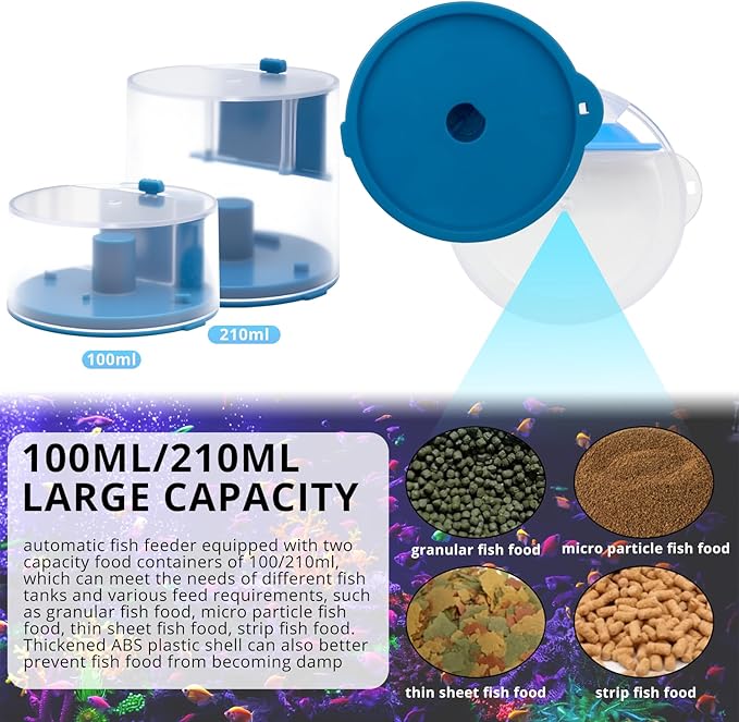 Automatic Fish Feeder,Feeder Automatic Dispenser,with Two Food Containers 100/210 ML Capacity, Fish Feeding Ring, Suitable for Vacation Weekend Day, Small Tank, Big Aquariums