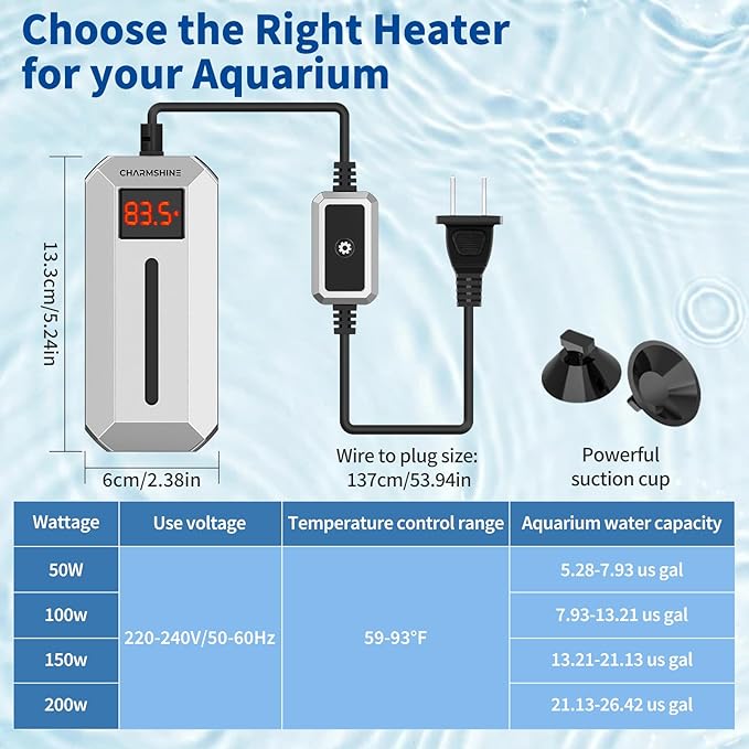Submersible Aquarium Heater with LED Digital Display 50W Fish Tank Heater for 5-8 Gallon Freshwater Saltwater Tank, Auto Thermostat Overheat Protection(Not Suitable for Low-Water Turtle Tanks)