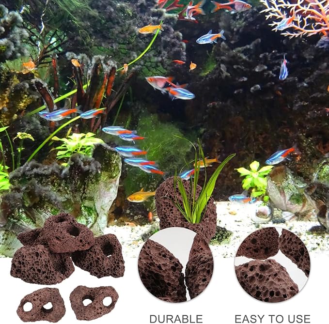 IMIKEYA 6Pcs Lava Rock Aquarium Decor: Natural Volcanic Stones for Fish Tank Landscape Porous Aquarium Rocks for Aquascaping, Terrarium Landscaping