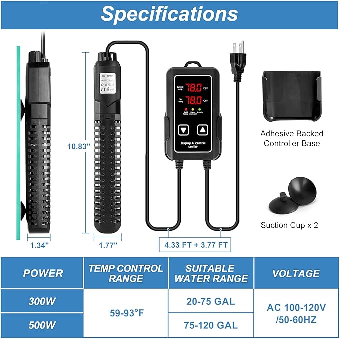 Aquarium Heater for Fish Tank: 500W Fish Tank Heater External Temperature Control Intelligent Leaving Water Automatically Stop Submersible Heater for Fish Tank 75-120 Gallons Freshwater Saltwater
