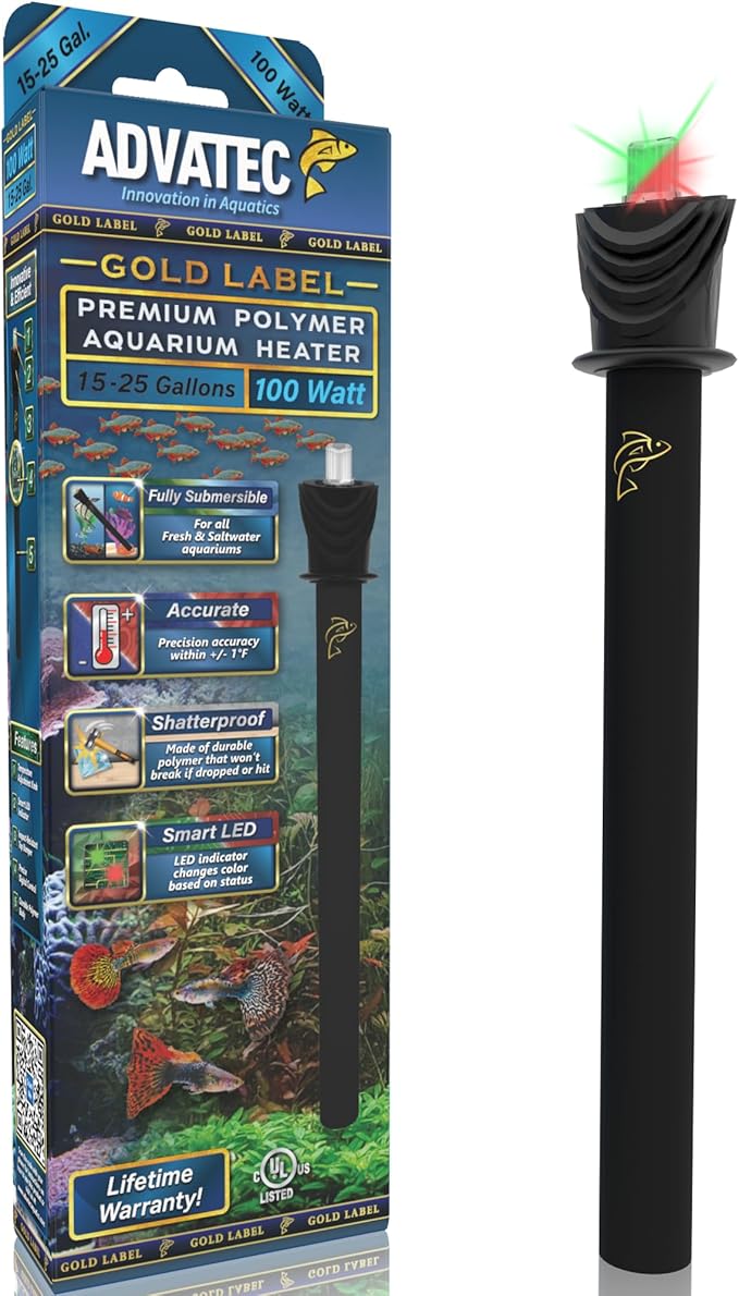 Premium Polymer Aquarium Heater with Advanced LED Temperature Control System - for Fresh & Saltwater Aquariums (100 Watts / 15-25 Gallons)