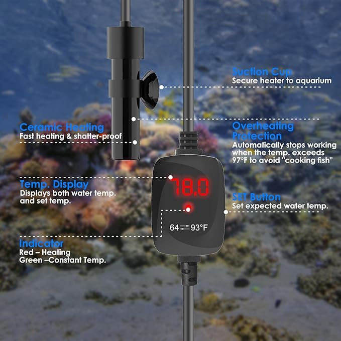 Mini Aquarium Heater 5V/2A USB 10W Super Small Fish Tank Heater with Digital Display Thermostat, Alumina Ceramic Betta Tank Heater Turtle Heater for Tanks up to 1 Gallon