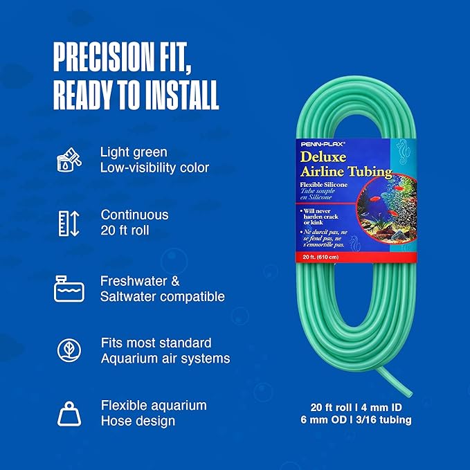Penn-Plax Deluxe Airline Tubing for Aquariums – Made of Durable Silicone – Safe for Freshwater and Saltwater Fish Tanks – 20 Feet