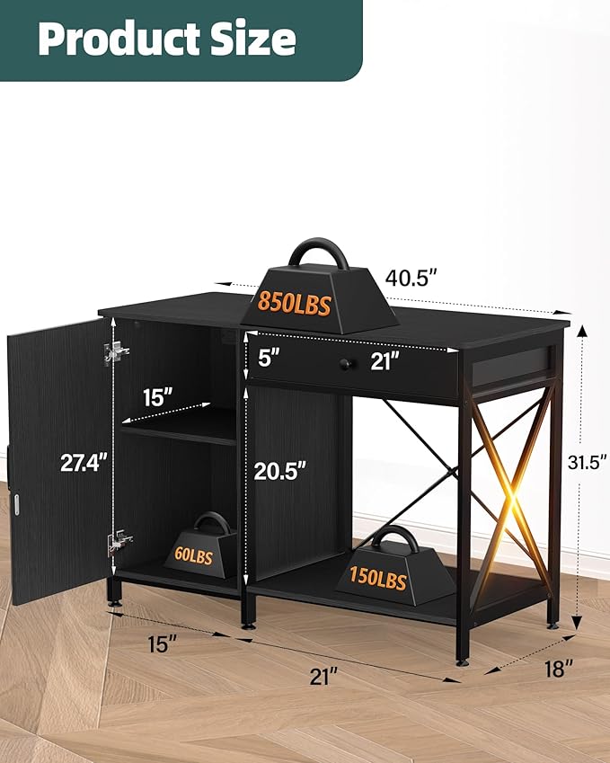 Fish Tank Stand for 40-50 Gallon Fish Tank: Aquarium Stand with Power Outlet - Metal 40 Gallon Tank Stand with Cabinet Drawer Storage for Turtle Tank, Reptile Terrarium (Black, 800LBS Capacity)