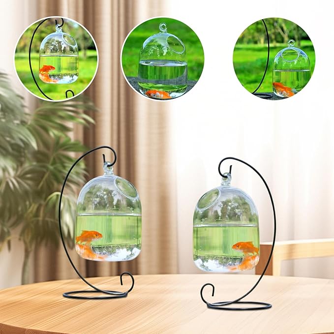 Desk Hanging Fish Tank Bowl with Stand,Hanging Fish Bowl with Stand, Transparent Mini Fish Tank Bowl, Space-Saving Impermeable Construction Glass Vase Aquarium for Home, Office Accessory
