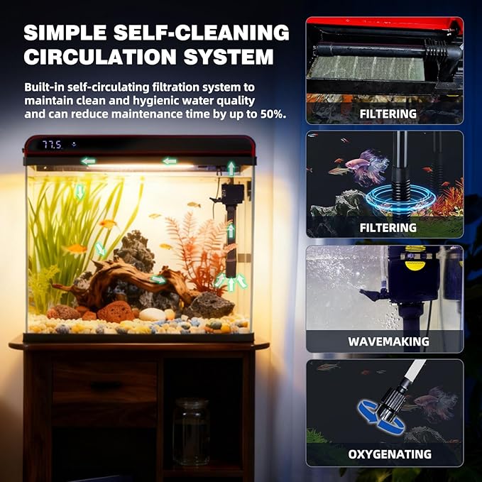Coospider 5 Gallon Glass Fish Tank, Aquarium Starter Kit, Simpel Self-Cleaning Aquarium Kit with Ultra-Quiet Filter Pump, 3-Color LED Lights, Temp Monitoring for Fish, Shrimp, Kids Gift Ideas