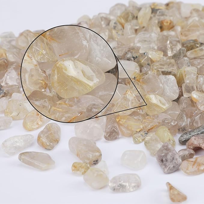 gemshan 2lb Natural Crushed Crystal Chip Bulk 7mm-9mm Tumble Healing Crystal Stone for Aquarium Vase Plant Decoration Jewelry DIY (Rutilated quartz)