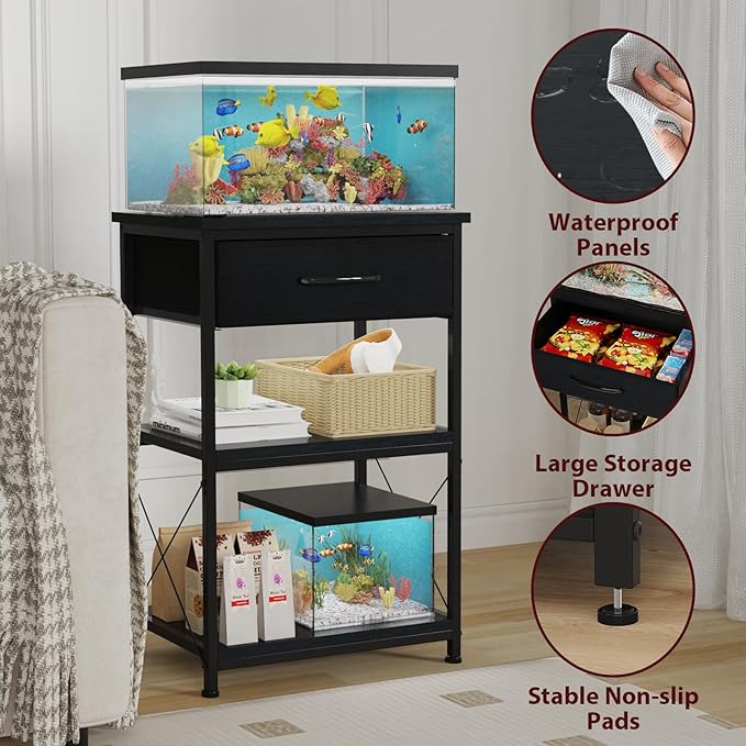 5-10 Gallon Fish Tank Stand, Height Adjustable Metal Aquarium Stand with Storage Drawers for Fish Tank Accessories Storage, Perfect for Turtle Tank, Reptile Terrarium, Black