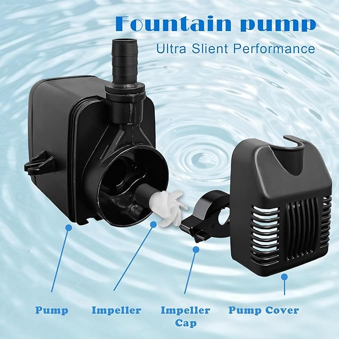 800GPH Submersible Water Pump (3000L/H, 24W), Ultra Quiet Fountain Pump with 2 Nozzles, 6.5ft Power Cord for Fish Tank, Pond, Aquarium, Statuary, Hydroponics