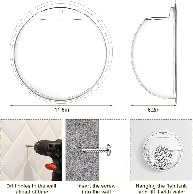 Ziliny 2 Pcs Hanging Wall 1 Gallon Fish Bowls Acrylic Clear Wall Fish Tank for Beta Aquariums Mounted Plant Bubbl Ecosphere Decor
