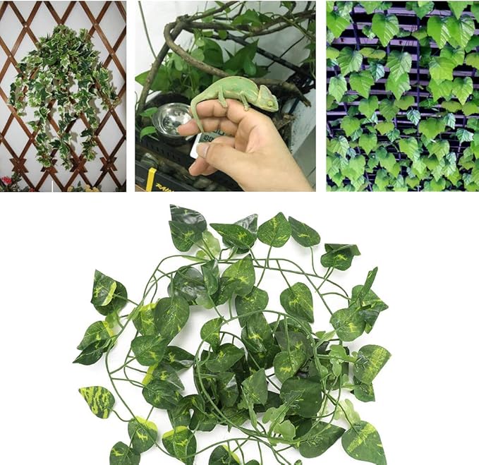 Zerodis Vine, 6.89ft Artificial Fake Vine Hanging Plant Decor Terrarium Plants Rainforest Landscape for Reptiles and Amphibians(Scindapsus Leaves)