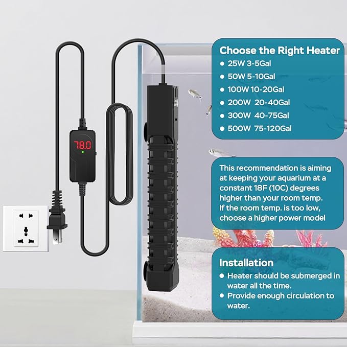 AquaMiracle Aquarium Heater, 500W Submersible Fish Tank Heater with LED Digital Display, Overheat Protection & Auto Power-Off When Out of Water, for Freshwater and Saltwater Fish Tanks (75-150 Gal)