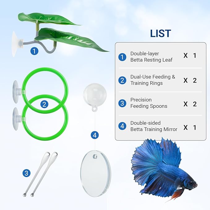Betta Fish Toy Set: Betta Training Floating Mirror, Training/Feeding Ring, Spoon, and Resting Leaf. Promotes Exercise. Betta Toys, Resting & Feeding Kit.