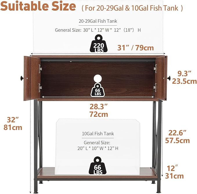 LAQUAL 20-29 Gallon Aquarium Stand with Cabinet, 20 Gallon Long Fish Tank Stand with 31''L * 12''W Tabletop, Double Heavy Metal Stand with Stable Structure, Adjustable Table Feet - Walnut Brown