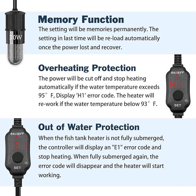YOFOTHS Adjustable Mini Aquarium Heater 0.5/1/2/3 Gallon Submersible Small Fish Tank Heater 10W/20W/30W Digital Display Thermostat External Temperature Controller(30W)