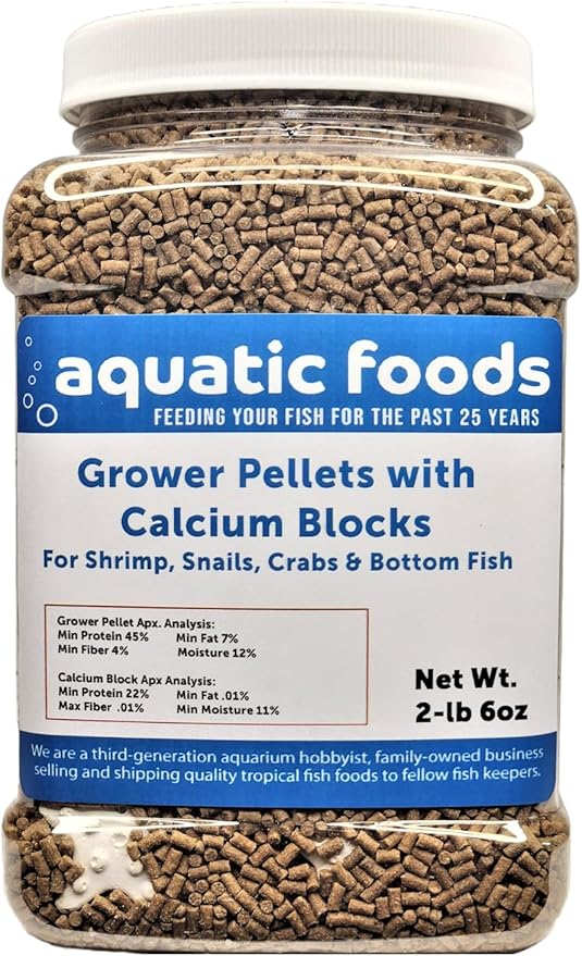 Calcium Blocks Included with Shrimp Grower 45% Protein Sinking Pellets, 1/16" x 3/8" Pellets for Shrimp, Snails, Crabs, Catfish, Plecos, All Tropical Fish, Zeigler…2-lb 6oz Med Jar