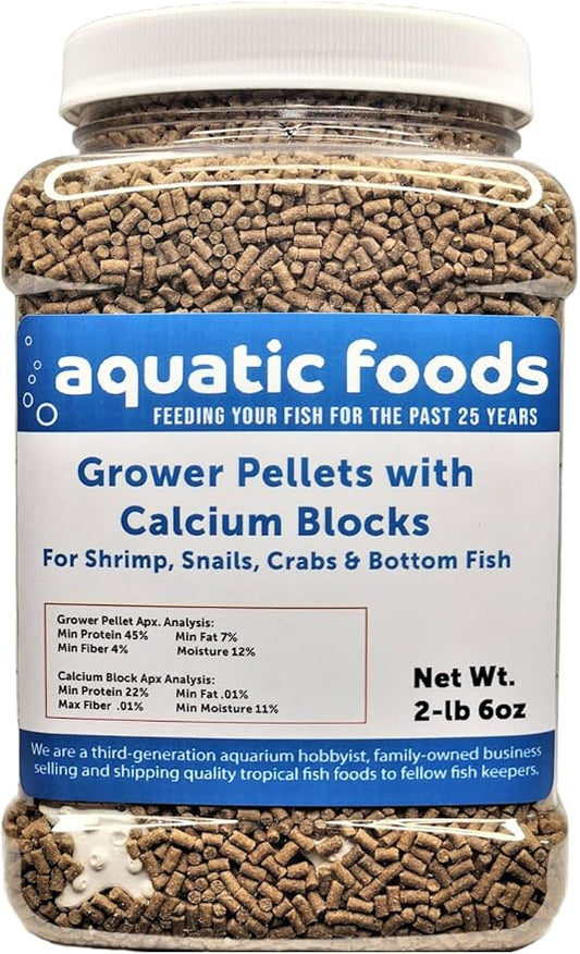 Calcium Blocks Included with Shrimp Grower 45% Protein Sinking Pellets, 1/16" x 3/8" Pellets for Shrimp, Snails, Crabs, Catfish, Plecos, All Tropical Fish, Zeigler…2-lb 6oz Med Jar