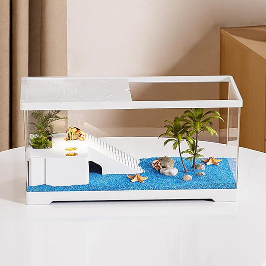 Turtle Fish Tank with Basking Platform and Bottom Drainage, 15.8" x 8" x 8.8" Aquatic Turtle Tank for Juvenile Turtle, Crayfish, Crabs, Amphibians, Reptiles, PC Material, White Color