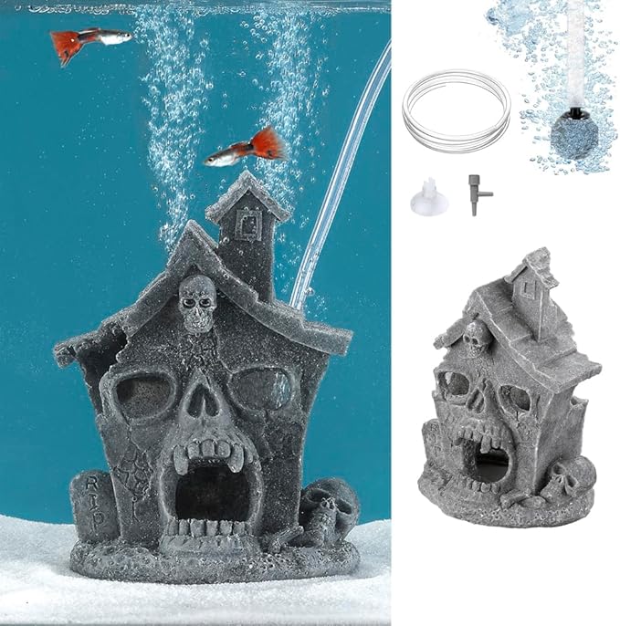 Carefree Fish Aquarium Haunted House Halloween Ghost Bubbler Decor Fish Hide-Out Ornament with 3Ft Tubing and Tiny Air Stone（No Included Air Pump