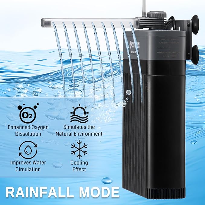 XpertMatic Aquarium Filter 220GPH, Built-in 9W Clean Light, Submersible Powerful Pump for 20-50 Gallon Tank, Fish Tank Filter, Double Filtration Design, for Pond Turtle Tank Saltwater Freshwater