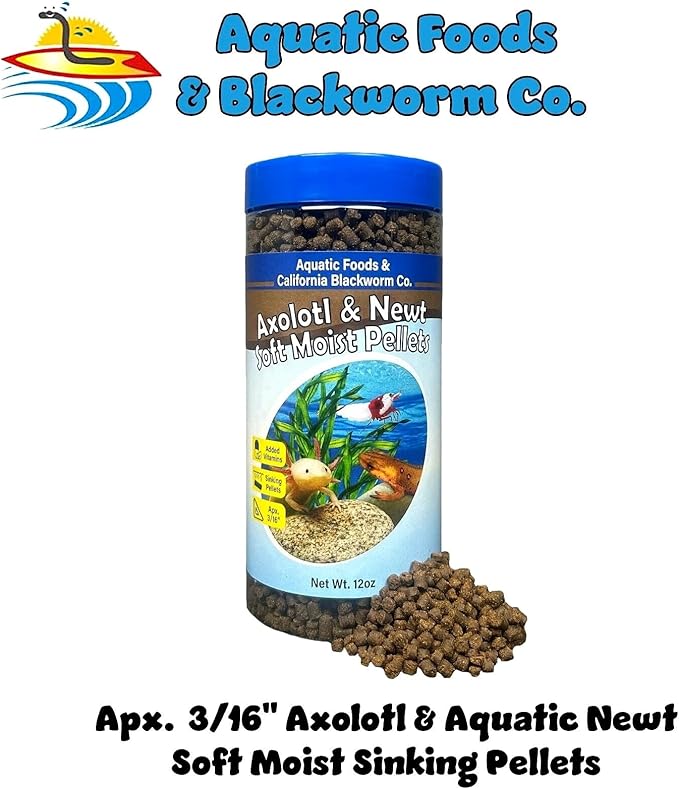 Axolotl Pellet Food 3/16" Soft Moist Sinking Pellets for Juvenile Axolotl Also Shrimp, Snails, Crayfish, Bottom Tropical Fish, Blackworm Pellets Included 12oz Canister