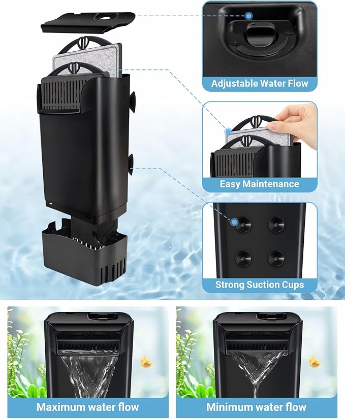 GOZILLA 148GPH Turtle Tank Filter 8W Adjustable Water Flow, Aquarium Filter for Low Water Level Tank, Turtle Filter Quiet Waterfall Fish Tank Filter for 10-30 GAL. (Black)