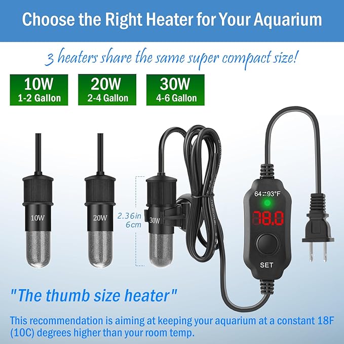 Super Mini Aquarium Heater 30W Betta Heater for 4-6 Gallon Tanks, Small Fish Tank Heater Turtle Heater with Dry-Run/Overheat Protection, Memory Function