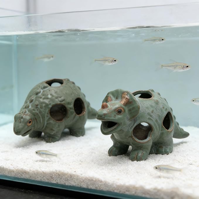 M2cbridge Aquarium Ceramic Cave Rock for Betta Shrimp Cichlid Fish Hideout Decor (Small Dinosaur 2pcs)