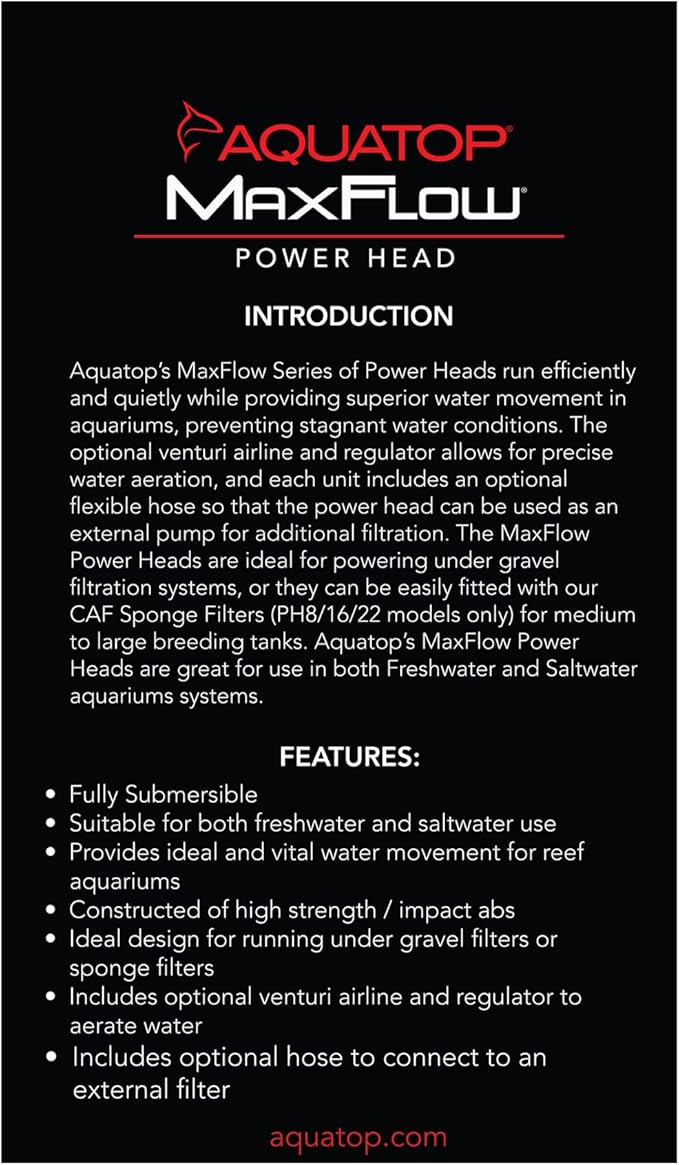 Aquatop MaxFlow 343 GPH Submersible Aquarium Power Head - High-Performance Fish Tank Water Pump, Quiet and Efficient, PH-16