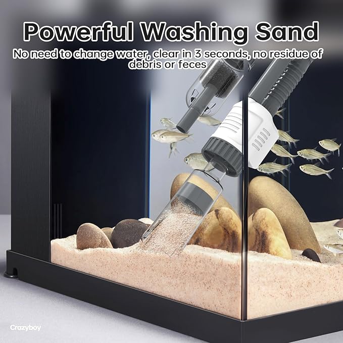 Aquarium Gravel Cleaner Fish Tank Vacuum - 6-in-1 Automatic Removable Vacuum Electric Tool , 30W Strong Suction Electric Cleaner with Adjustable Motor for Efficient Water Change & Cleaning.(Grey)