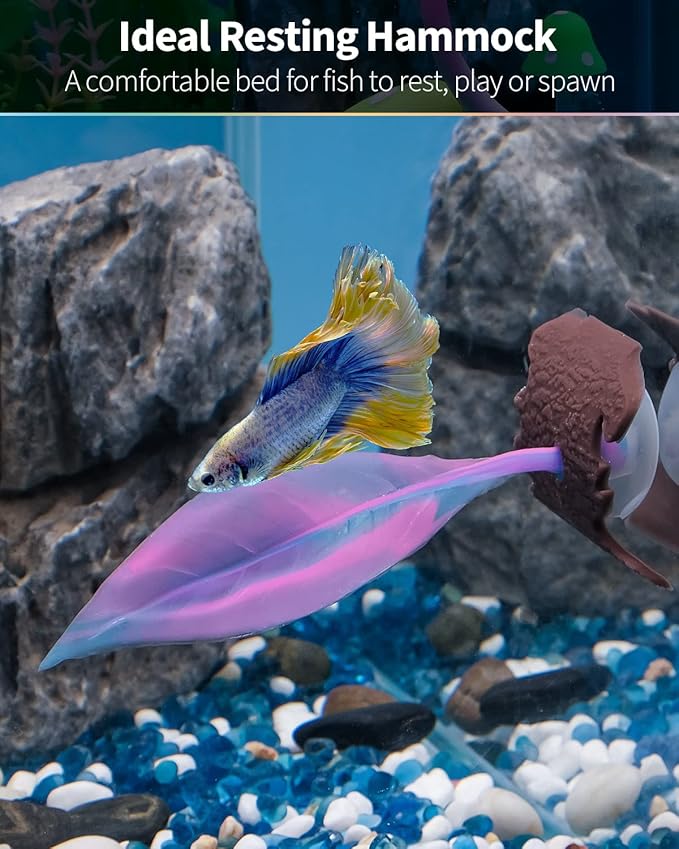 Uniclife Betta Leaf Hammock Soft Aquarium Rest Bed Fish Breeding Playing Pad with Suction Cup and Lifelike Bark Ornament Colorful Silicone Decoration for Fish Tank Landscape, 2 Pack