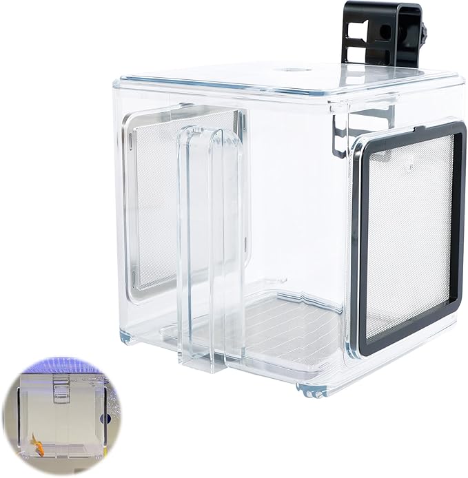Fish Breeding Box 15x15x15 cm Acrylic Fish Isolation Hatchery Tank Fish Separator Hanging Fish Incubator Box with Detachable Mesh Lid Clear Fish Isolation Box for Baby Fish Newborn Fish Shrimp