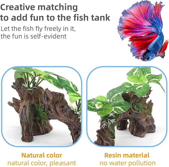relaqcc Aquarium Decor Ornaments Artifical Driftwood Cave Fish Tank Decorations Silk Aquarium Plants for Betta Fish Tank Accessories
