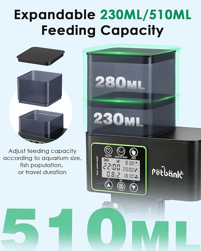 Automatic Fish Feeder for Aquarium - 230/510ml Timer Fish Feeder Dispenser with 0.1-2g Precision Feeding, Moisture-Proof Auto Fish Feeder with Feed Cleaning & Shortage Alert, USB Rechargeable