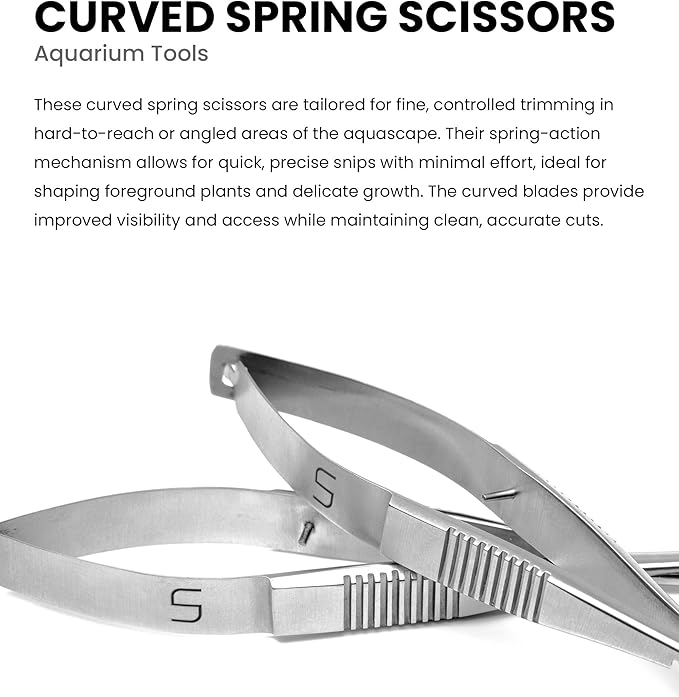 UNS Aquascaping Tools - Stainless Steel Rust Resistant, Freshwater Planted Tank, Saltwater Reef Aquarium Maintenance Accessory - Trimming Stems & Carpets Coral Cutting - Curved Spring Scissors, Silver