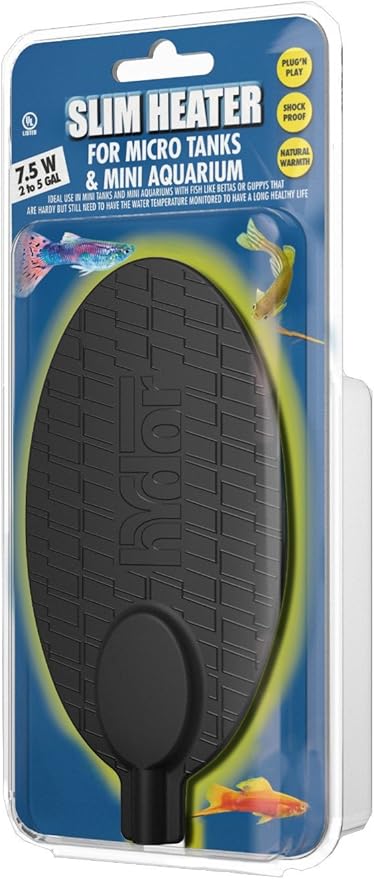 Hydor Betta Bowl Slim Fish Tank Heater, 15-watt, measures 3 3/16 x 6 1/8 inches oval, black; For tanks 5-10 gallons