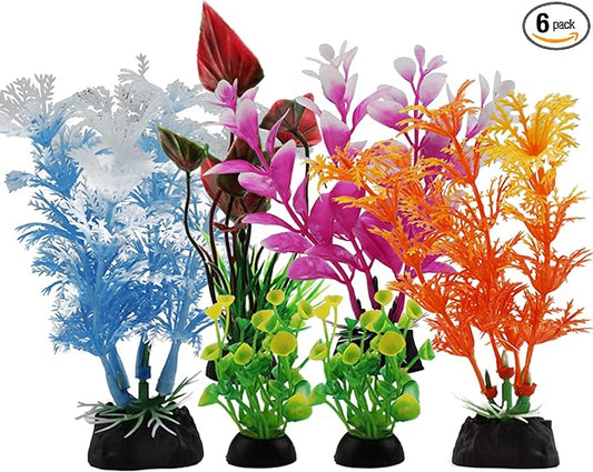 Aquarium Decorations - 6pcs Colorful Fish Tank Plants, Plastic Accessories for Mini Aquariums
