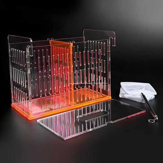 Acrylic Breeder Box for Fish Tank, Aquarium Isolation & Breeding Box with Extendable Long Handle Net for Baby Fish, Shrimp, Betta, Guppy - Acclimation Hatchery Incubator (Orange, 7.4x5.3x6.3 in)