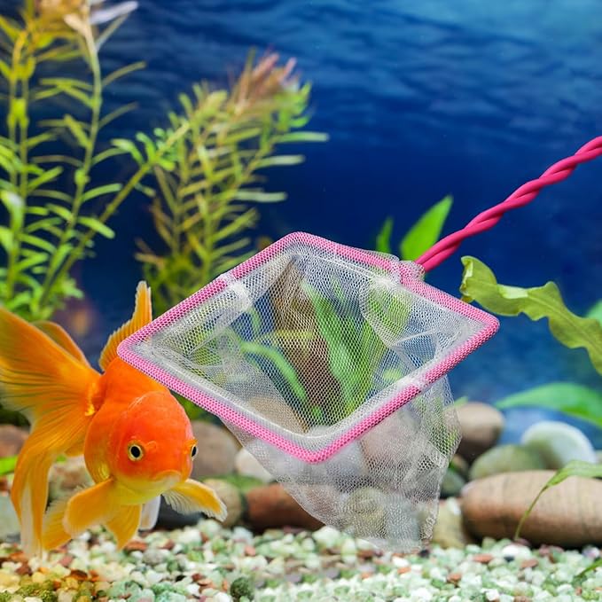 POPETPOP Aquarium Fish Net 19.3 Inch Long Handle Fine Mesh Fishing Scoop Net for Fish Tank Freshwater and Saltwater Use Durable Wire Core Frame
