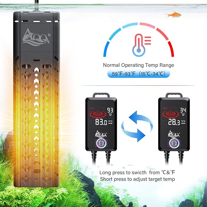 AQQA Submersible Aquarium Heater 500W for 55-130 Gallon Fish Tank Quartz Glass with External Controller for Betta Tank Koi Pond Saltwater & Freshwater (AQ197-500W for 55-130Gal)
