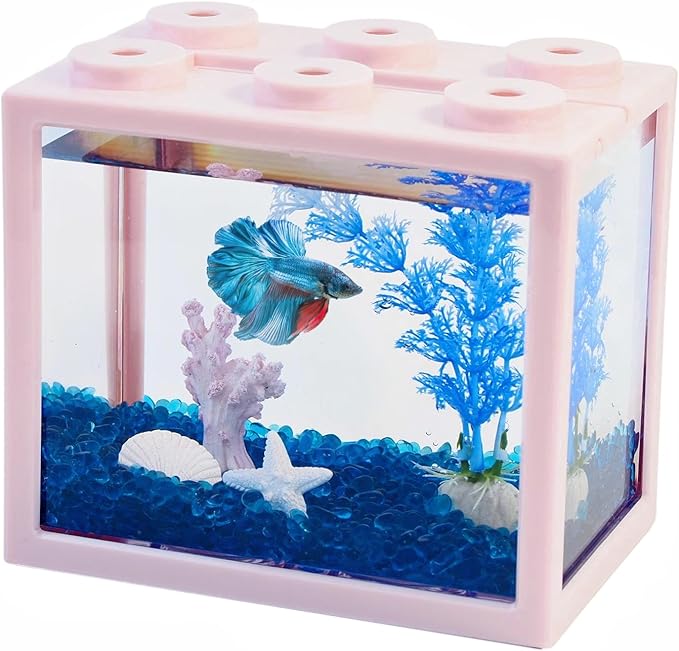 Small Betta Fish Tank, Mini Fish Tank Aquarium Tank Kit with Blue Gravel & Resin Decorations, 0.6 Gallon Stackable Fish Bowl Tiny Desktop Aquarium for Sea Monkey Shrimp