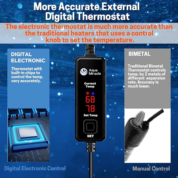 AquaMiracle Upgraded 25W Small Aquarium Heater Fish Tank Heater Turtle Heater Super Mini Aquarium Heater, Dry-Run/Overheating Protection and Memory Function, Dual LED Display, for 3-5 Gal Tanks