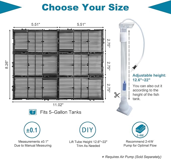 Undergravel Filter System for 5 Gallon Fish Tank, Air-Driven Biofiltration Aquarium Filter Kit with 6 Modular Plates & Adjustable Lift Tube, Cut-to-Fit Under Gravel System for Clear Water