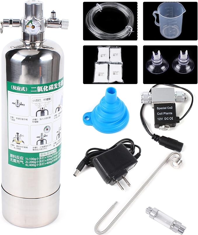 2L Co2 Generator System with Dual Gauge Display Pressure Gauge, DIY Co2 Generator System Kit w/6.56ft Air Hose, Automatic Pressure Relief Valve Bubble Counter for Plants Aquarium, Stable Output